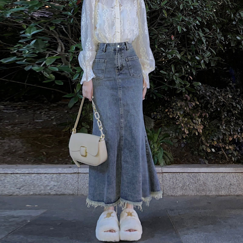 Retro Fleece Fishtail Denim Skirt Girl's Summer Design Sense Niche High Waist Slimming Spice Girl A- line Long Skirt Retro Fleece Fishtail Denim Skirt Girl's Summer Design Sense Niche High Waist Slimming Spice Girl A- line Long Skirt