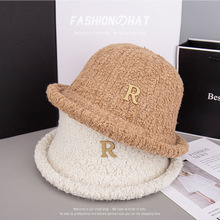 秋季新品金属R标羊羔绒小礼帽女士户外保暖潮牌保暖卷边小盆帽