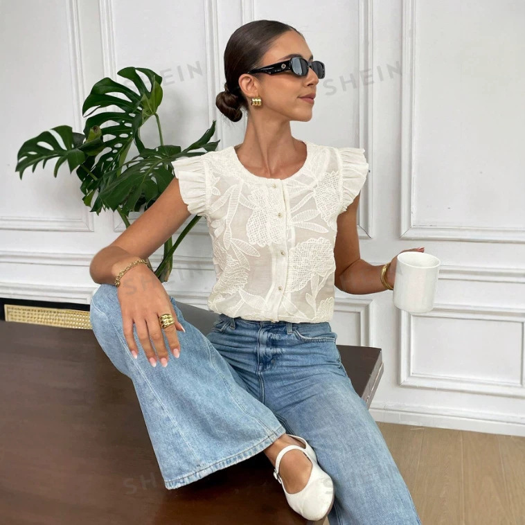 2026 Amazon Cross-Border New Style Lace Hollow-Out White Lace Embroidered Short-Sleeve Shirt, Elegant Commuter Round Neck