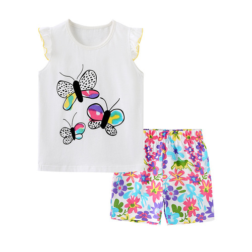 Summer Girl Set Western Fashion Cute Print Children Short Sleeve Knit Cotton Crew Neck T-shirt Set