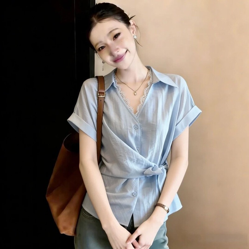 Wholesale lace-trimmed V-neck irregular tie short-sleeve shirt for women, plus size, slimming waist top for plus-size ladies