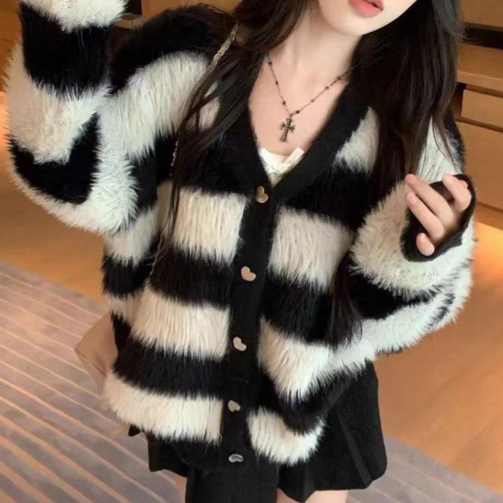 European and American Cross-Border Autumn and Winter Design Black and White Stripesd Soft Waxy Imitation Mink Lazy Knitted Cardigan Wool Sweater Jacket for Women