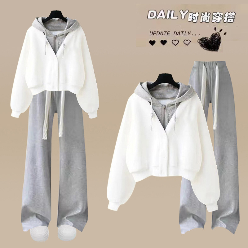 2025 spring and winter fleece-lined/non-fleece-lined cotton composite milk silk set of fake two-piece sweater casual pants suit