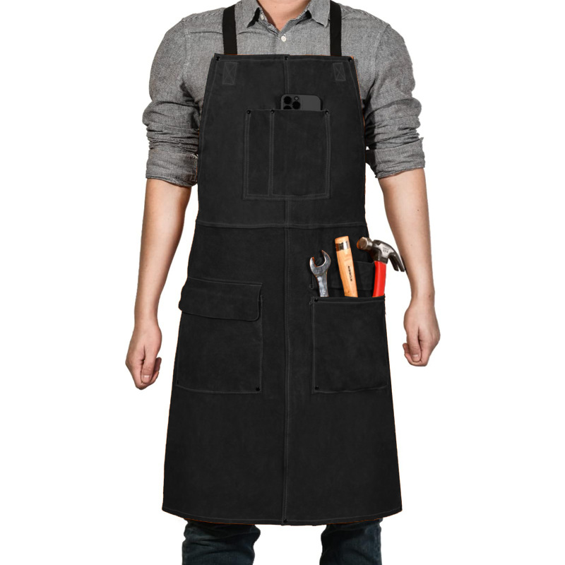 Delantal de terciopelo de doble cara de Amazon transfronterizo a prueba de salpicaduras, ropa de trabajo de soldador eléctrico, bolsillos en ambos lados con delantal al por mayor