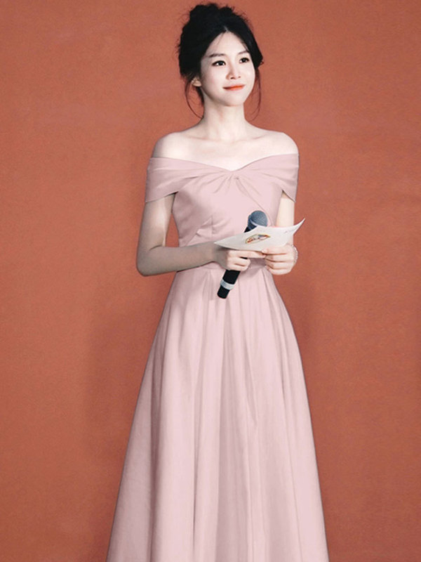 Off-shoulder engagement toast dress bridal dress light luxury niche host performance casual wear dress