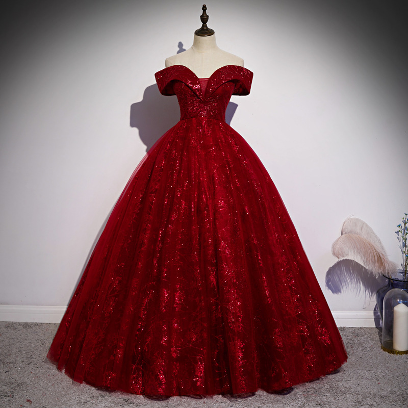 Red Evening Dress, Off-Shoulder, 2026 New Style, Long, Elegant, Slim-Fitting, Event Host, Art Exam Dress for Women