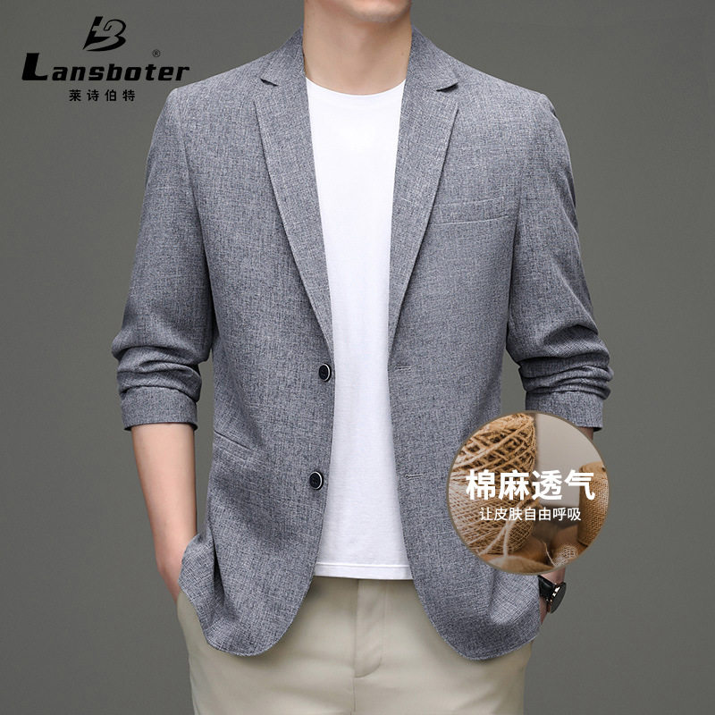 Áo vest nam vải lanh pha cotton mỏng nhẹ dáng ôm xẻ tà sau — Màu xám nhạt, Xanh xám nhạt