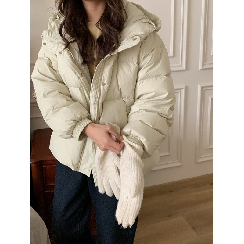 Short down Jacket for Women, Korean Style, Hooded, Thickened, Petite, Loose, Slimming, White Duck Down, Warm Winter Coat for Rain, Sun, and Snow