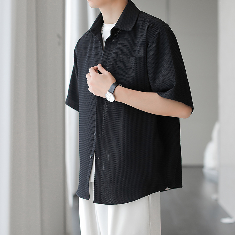 2024 New Men's Texture Short-sleeved Shirt Japanese Style Hong Kong Style Solid Color Simple Casual Jacket Men's Same Knitted