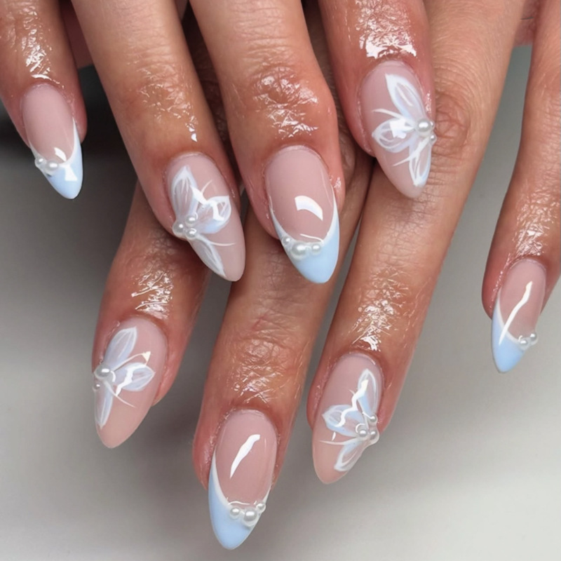 Casual French Cross-Border Wearable Nails Flower Pearl Almond Manicure Fake Nails Press on Nails Casual French Cross-Border Wearable Nails Flower Pearl Almond Manicure Fake Nails Press on Nails