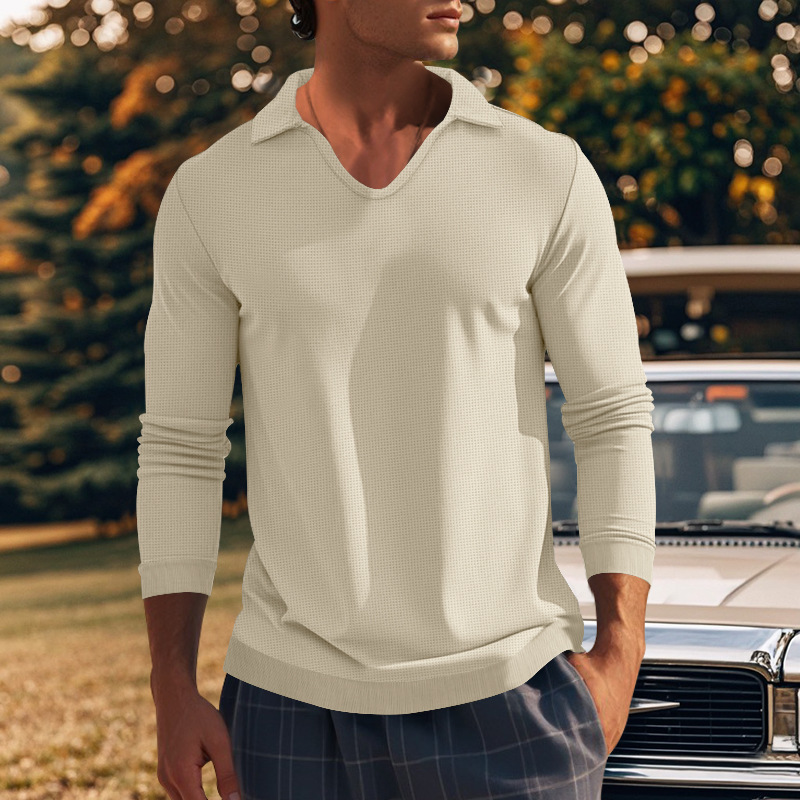 Podzimní a zimní americké pánské tričko s dlouhým rukávem, tenký střih, vaflový styl, slim fit, klopový pletený svetr pro muže_voghion.com