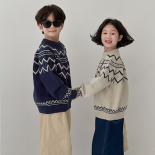 Children's Sweater 2025 Autumn Korean Style Wave Knitted Top for Boys and Girls Children's Round Neck Casual Loose Sweater