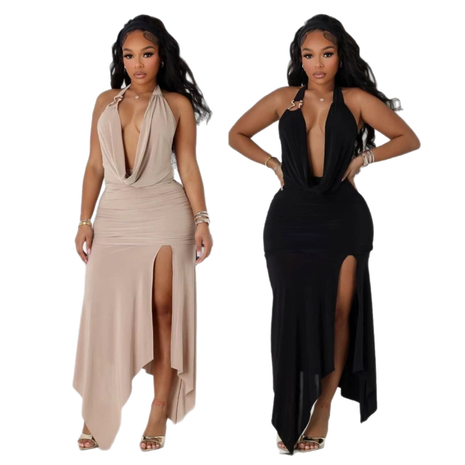 Women's Clothing Sexy Hot Girl Women's Halter Neck V Neck Backless Slit Long Dress Style Fashion Temperament Slim Fit_ecoleips.com