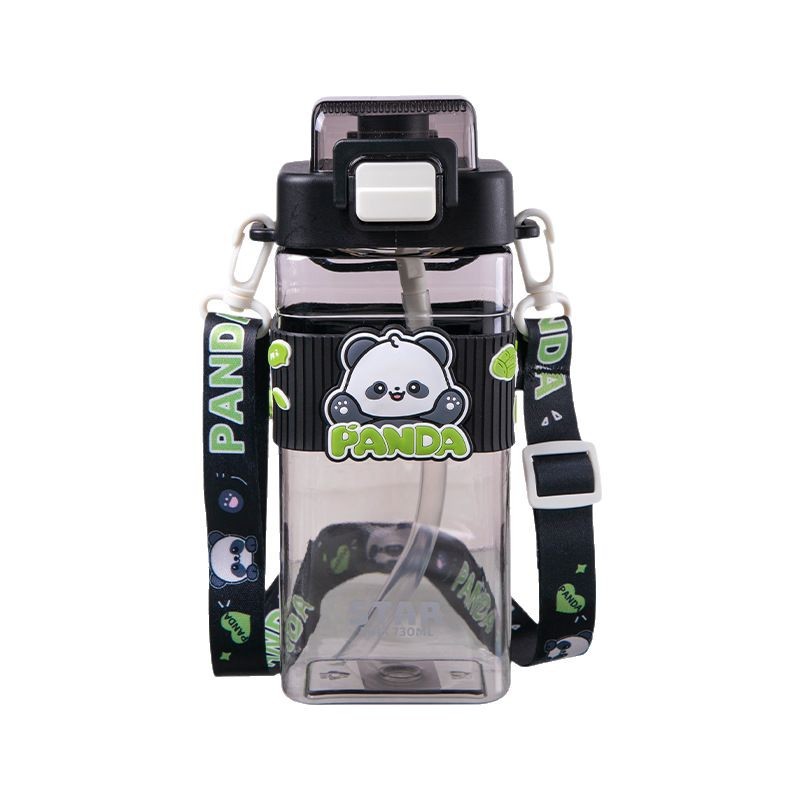 Yitongxin Panda simple taza de plástico de doble bebida taza cuadrada portátil de dibujos animados para niños botella de agua taza de paja de tapa de bloqueo