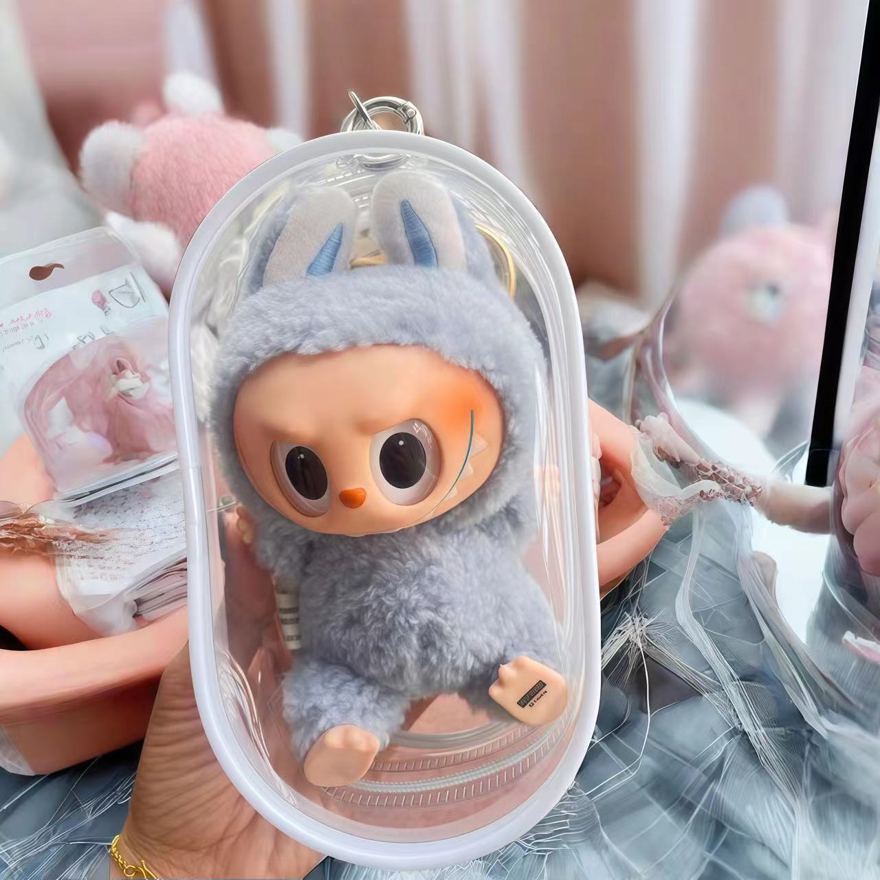 (2개) 18CM 면 인형 통증 가방 LABUBU 비닐 두꺼운 높은 투과성 인형 가방 귀여운 보호 걷는 인형 방진 보관