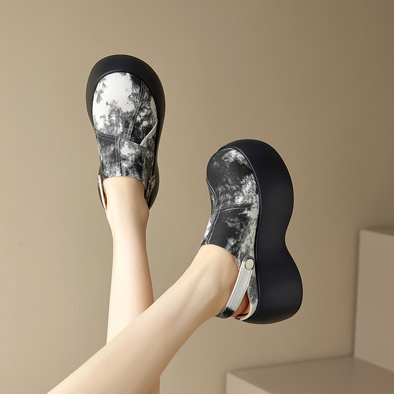 Dép cao gót platform đế dày 8 cm phong cách Trung Hoa, mũi kín, xỏ lười, hai kiểu mặc — màu xanh nhạt