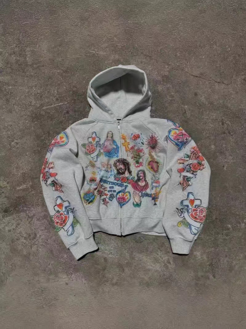 Felpa con cappuccio e cerniera, casual, ampia e comoda, con stampa di cartoni animati, da uomo, per donne e adolescenti._voghion.com