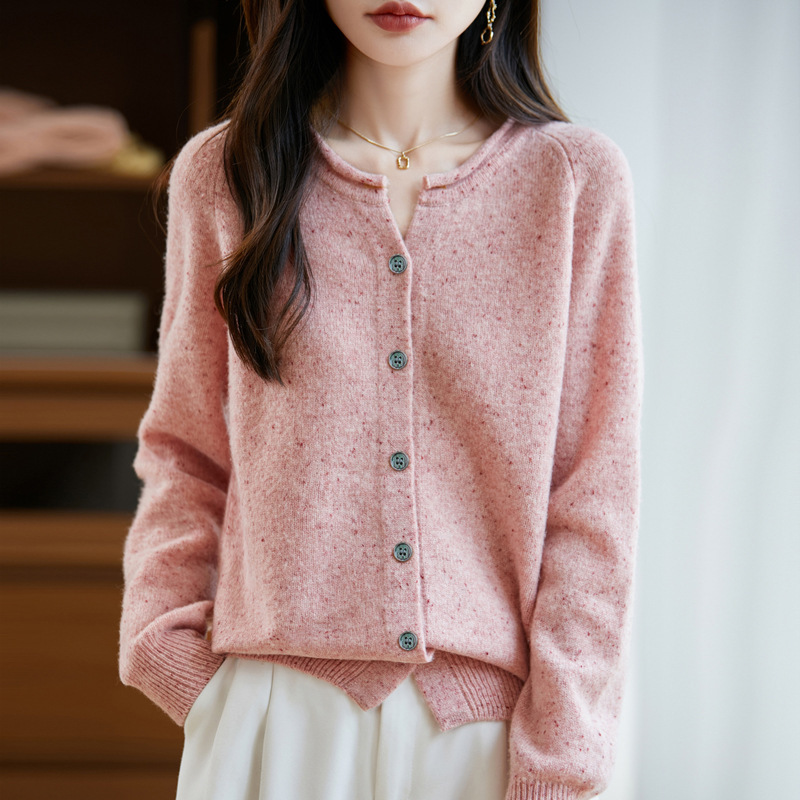 100%纯羊毛2025秋冬新款女宽松圆领气质彩点纱系扣针织衫毛衣外套|undefined