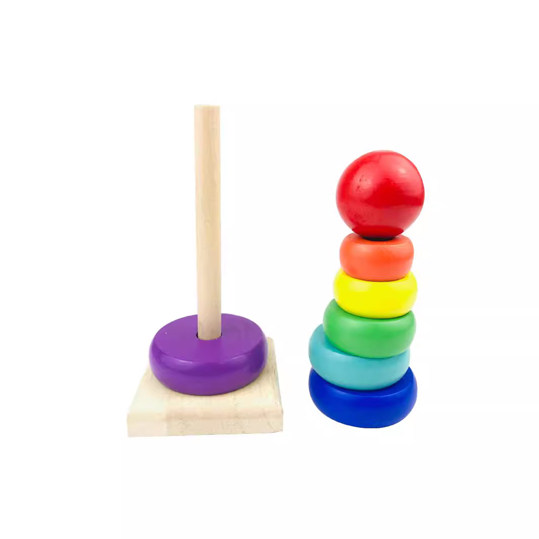 Juguetes educativos de madera para niños Torre de madera de siete colores conjunto Torre del arco iris apilado anillo bloques de construcción puesto Venta caliente al por mayor