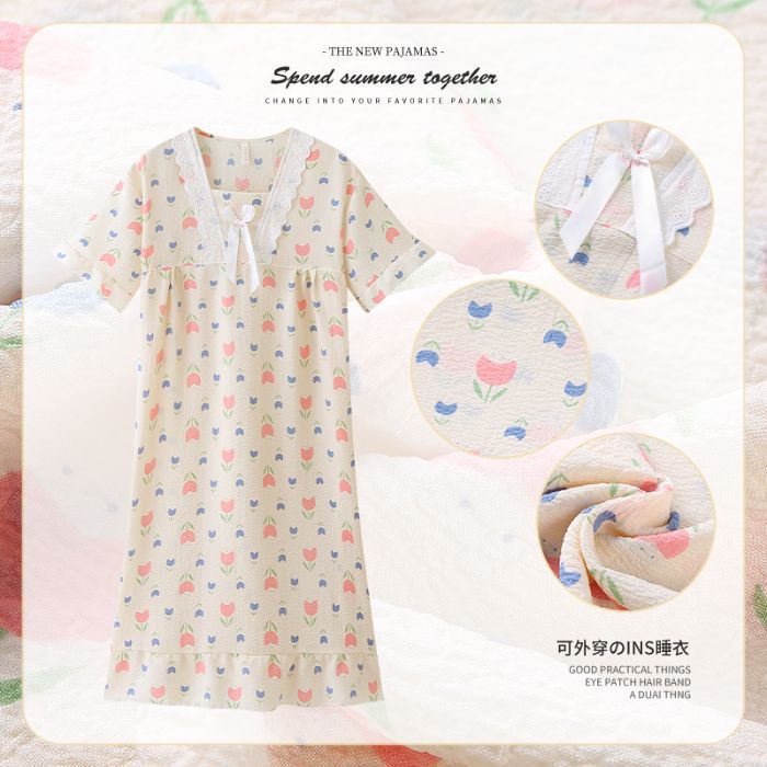 Camisón de manga corta de algodón de burbuja de verano al por mayor transfronterizo de dibujos animados dulce y lindo servicio a domicilio para niñas pijamas sueltos casuales