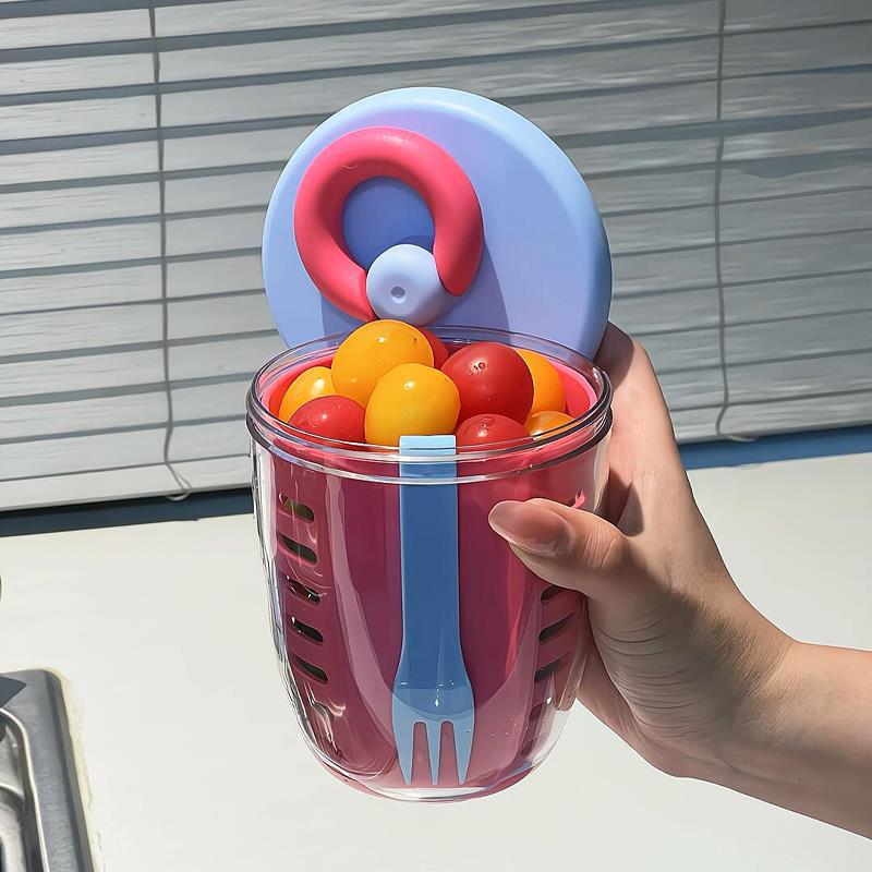 도파민 블루 뚜껑 레드 컵 [650ml 2층 배수구 + 과일 포크 포함]