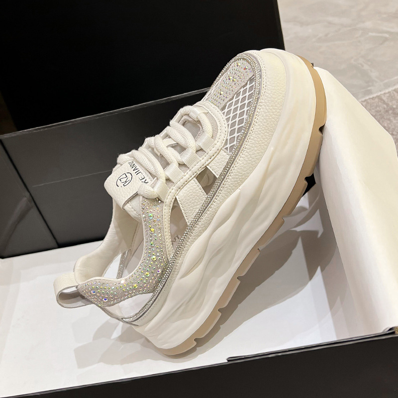 Thick-soled Daddy sandals for women 2023 Summer new mesh breathable rhinestone white shoes casual hollow closed toe sandals