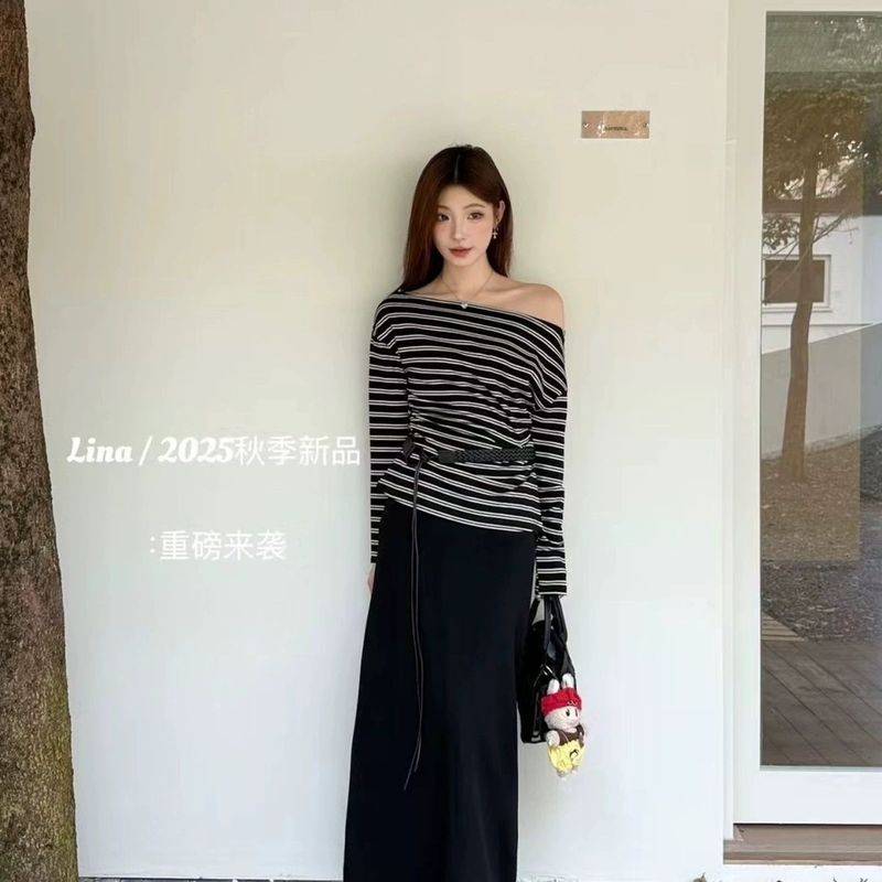 韩版秋季2025条纹一字肩长袖上衣女+半身裙宽松慵懒风两件套|undefined