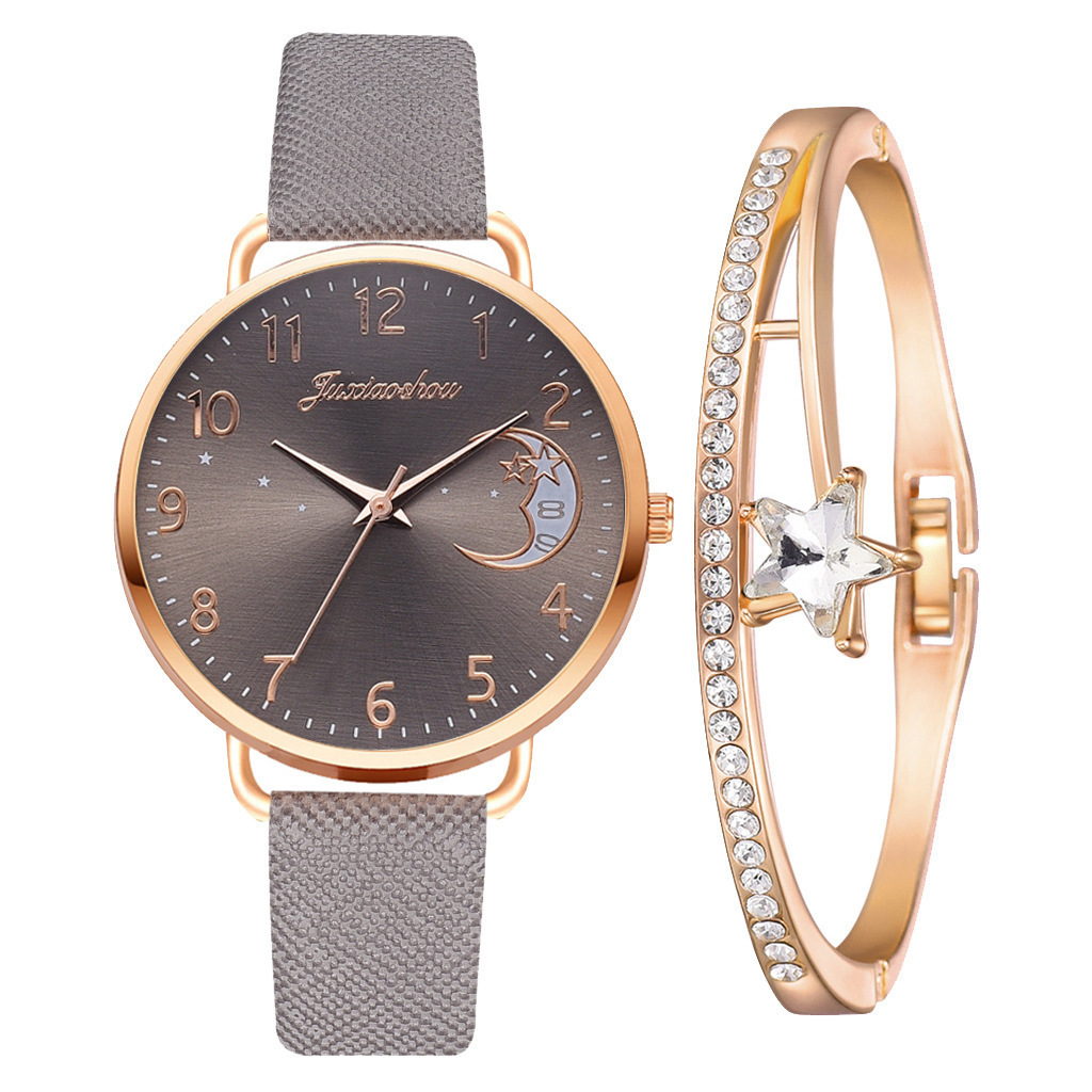 new hot women's personality quartz watch set Pu with moon pattern dial with calendar_voghion.com