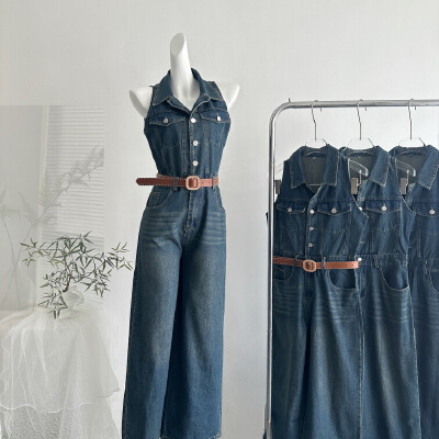 Mature and sophisticated style, single-breasted sleeveless dress with lapel collar, 2025 summer new style, back slit, fitted waist denim maxi skirt