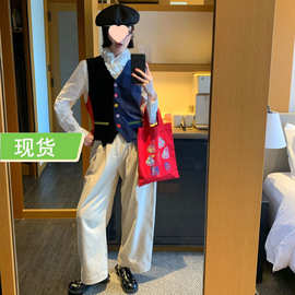 Mona 春款复古丝绒拼色马甲显瘦不规则V领彩扣上衣女
