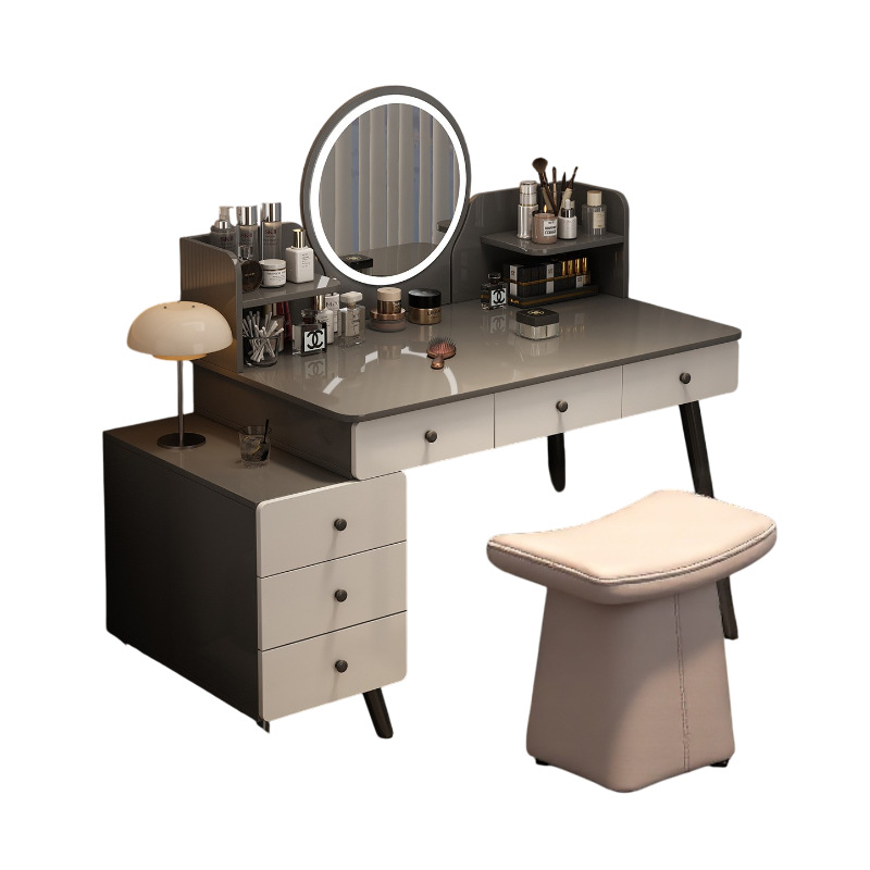 2025 nuevo dormitorio simple moderna mesa de maquillaje de madera maciza de lujo ligera alta sensación de cabecera de cama armario en uno