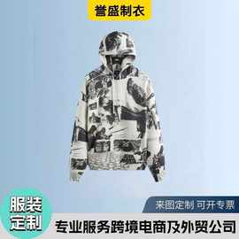 专业潮牌纯棉卫衣定制 数码直喷 纯棉水洗做旧帽衫 美式街头夹克