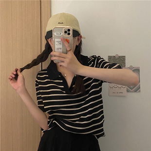 Korean Style Loose Lazy Style Stripesd Short-Sleeved T-Shirt for Women 2024 Summer New Versatile V Neck Half-Sleeved Top Ins Trend