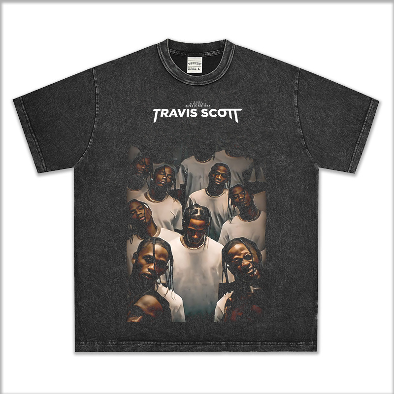 Bc Europa y América calle hip hop Travis Scott rap personaje impreso lavado apenado suelta manga corta Camiseta de los hombres
