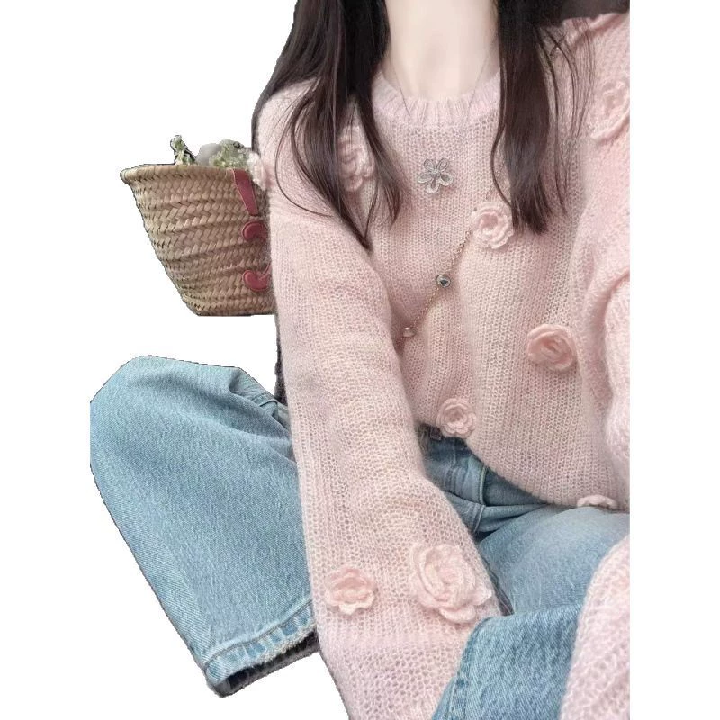 Тонкая длинный рукав, свитер, круглый ворот, осень, oversize, свободный крой, цветочный рисунок