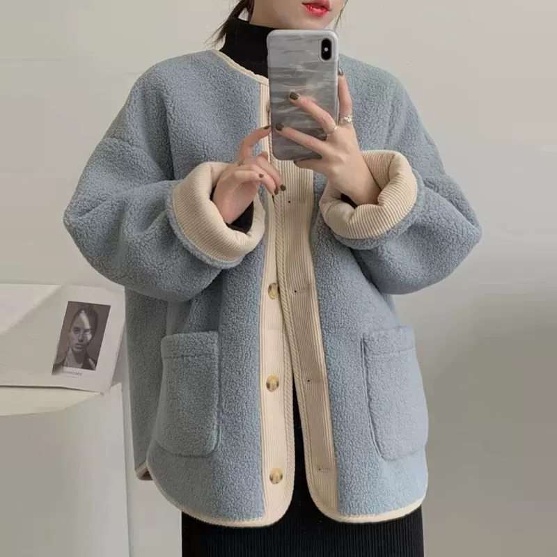 奶系穿搭外套女秋冬2025新款韩版仿羊羔毛加厚宽松中长款长袖上衣