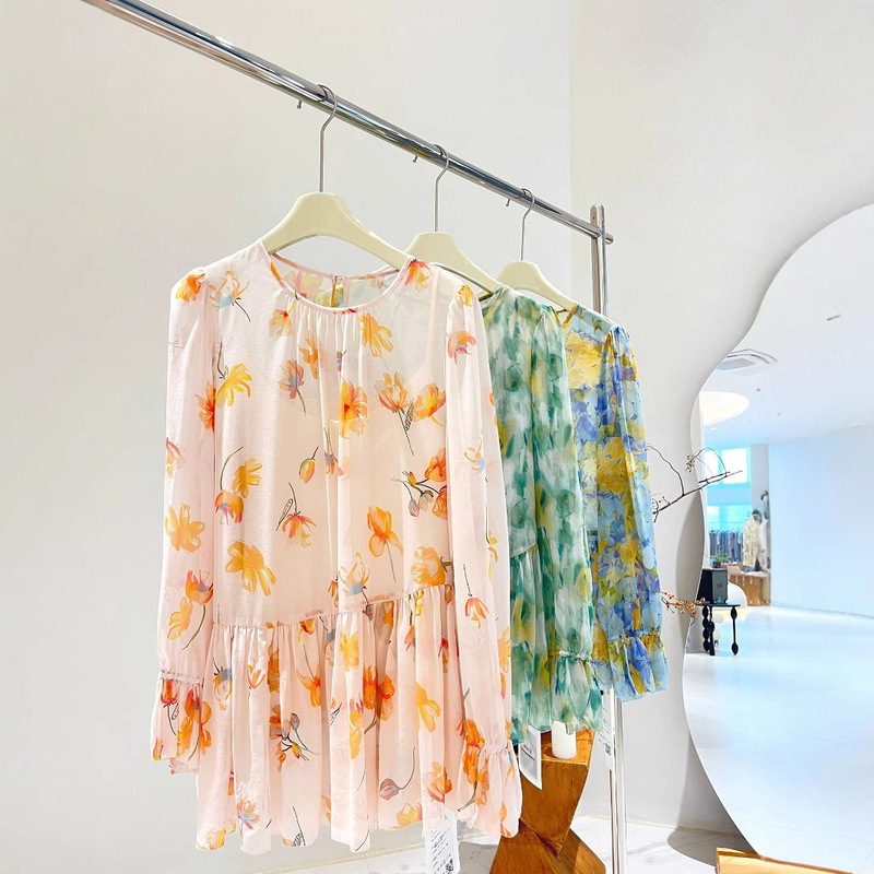 Silk Shirt Women's 2025 Spring and Summer New Two-Piece Baby Doll Shirt Printed Slightly See-Through Georgette 100% Mulberry Silk Top Silk Shirt Women's 2025 Spring and Summer New Two-Piece Baby Doll Shirt Printed Slightly See-Through Georgette 100% Mulberry Silk Top