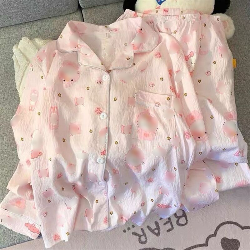 睡衣女春秋季新款云朵棉合集长袖长裤翻领可爱卡通少女甜美家居服|undefined
