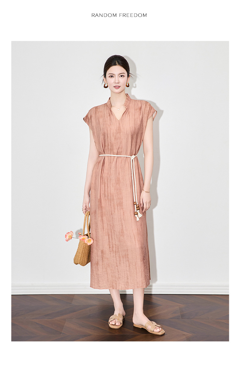 Váy dài nữ họa tiết mực jacquard Tencel phong cách nghỉ dưỡng mùa hè — Màu xanh lam chi tiết 10