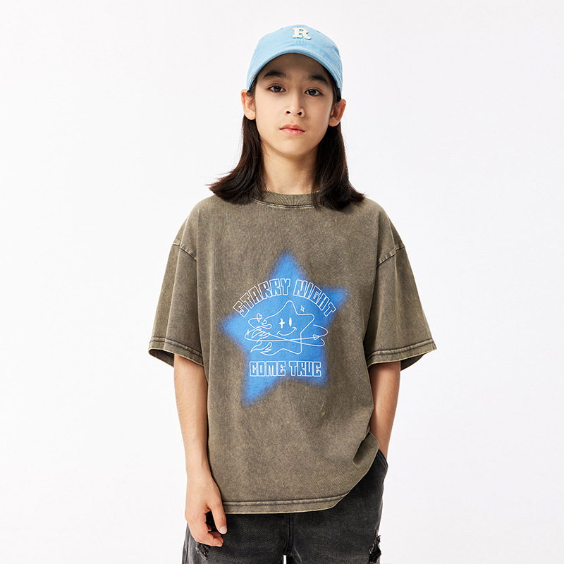 DK2024夏季新款高街做舊洗水女男童短袖T恤中大童兒童寬鬆上衣潮