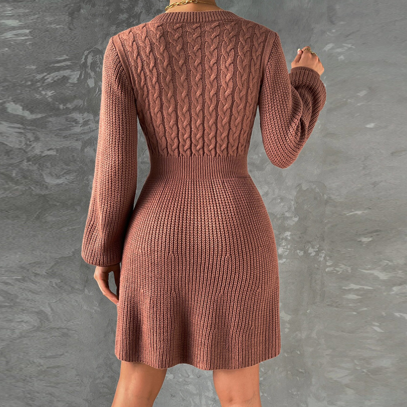Women Clothing Spring Autumn Winter Waist Tight Slimming Retro Cable Knit Sweater Long Sleeve Dress