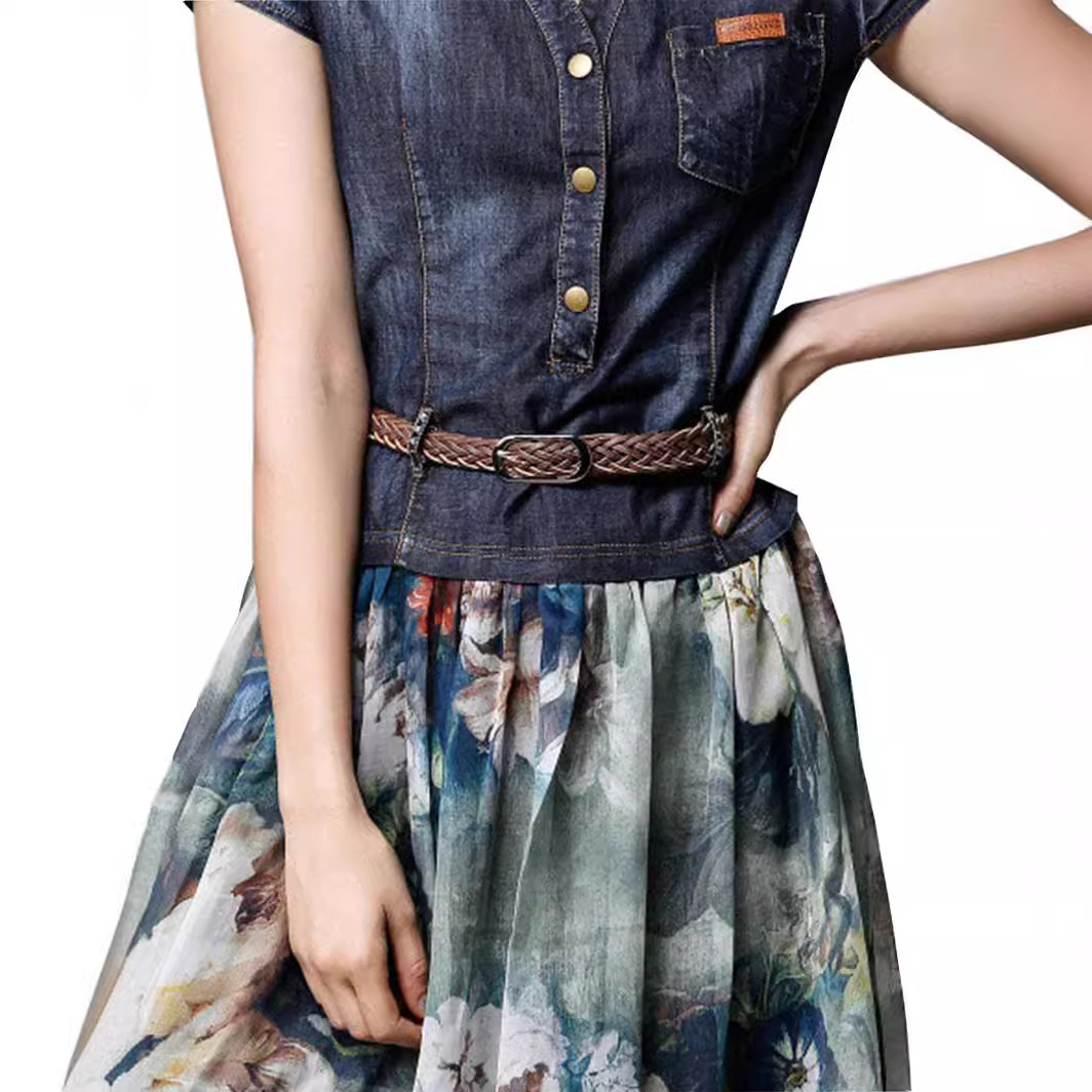 Nuevo Vestido de Verano 2026, Estilo Europeo y Americano, Vestido de Mezclilla con Estampado, Cuello en V, Corte Entallado, Largo Medio, para Mujer