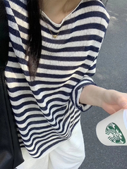 chic韩系条纹冰丝针织长袖t恤防晒罩衫女夏季外搭薄纱上衣空调衫