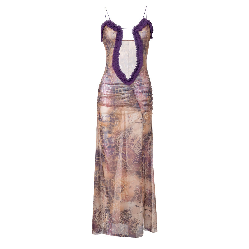 Women Clothing Hollow Out Cutout out Camisole Lace Pleated Slit Dress