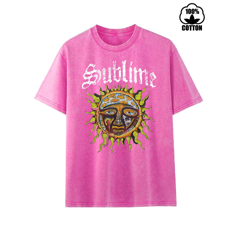 European and American Style Round Neck Fashionable Pure Cotton Washed Retro "Sun" Rock Band Graphic T-Shirt Loose Short-Sleeve European and American Style Round Neck Fashionable Pure Cotton Washed Retro "Sun" Rock Band Graphic T-Shirt Loose Short-Sleeve