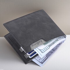 Baeller ryの新型メンズショート財布クロスボーダー多卡位オープンレザークリップ砂皮青年カバン男