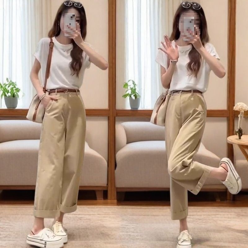 Bộ đồ thể thao nữ mùa hè áo thun phối quần jogger 2 món — Quần Xanh (Single Piece), Quần kaki (Single Piece), Áo Trắng (Single), Áo trắng+quần kaki chi tiết 4
