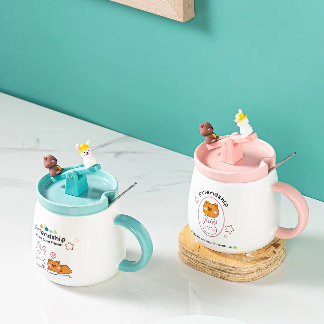 Creativo lindo conejo de dibujos animados y oso taza de café de oficina taza de café de regalo de cerámica