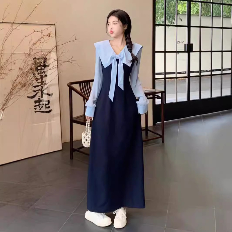 [Light Luxury] Tall Girls Early dress Autumn Long Sleeve Navy Collar Super Long to Ankle Dress