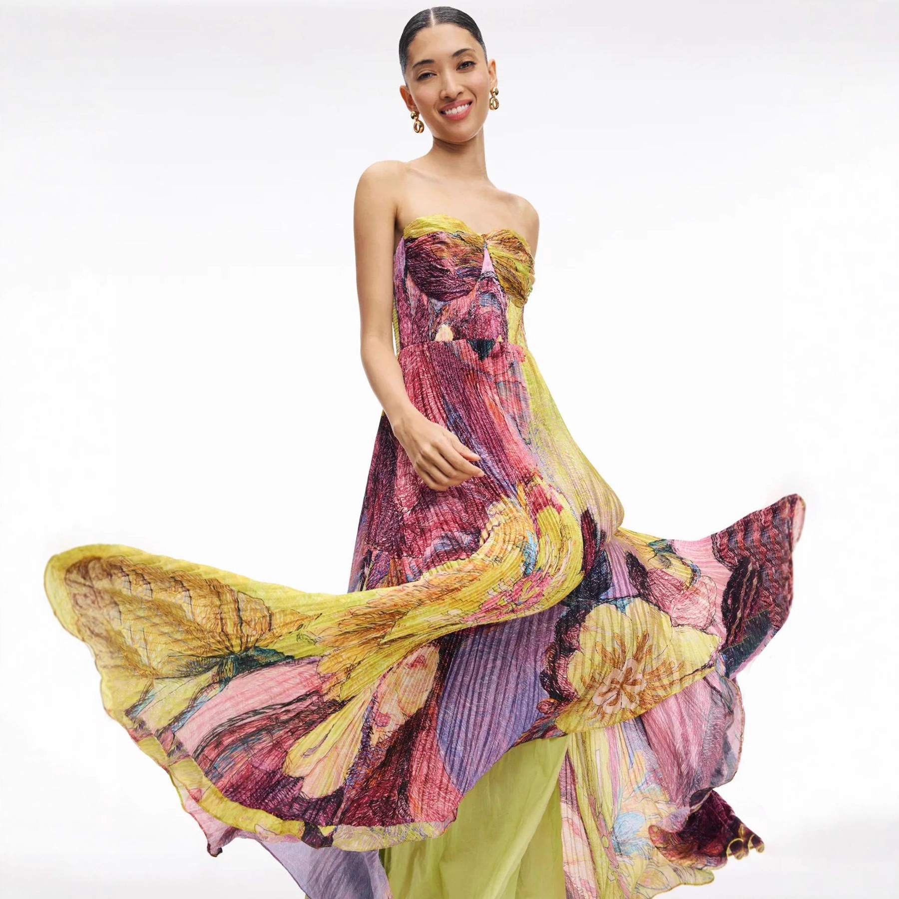 新款欧美优雅裹胸花卉印花收腰褶皱百褶显瘦无肩带晚礼服连衣裙